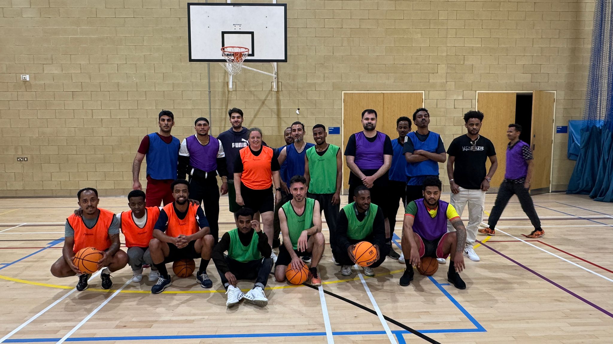 Basketball team during indoor training session